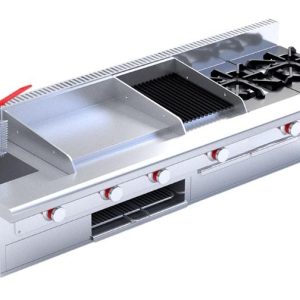 Estufa a gas, con 2 quemadores, 1 asador, 1 plancha, 1 gratinador y 1 freidora de 3 lt.