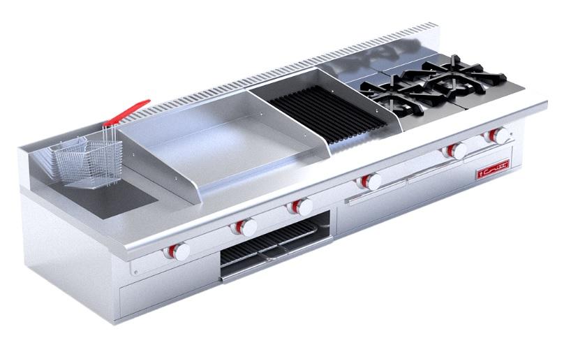 Estufa a gas, con 2 quemadores, 1 asador, 1 plancha, 1 gratinador y 1 freidora de 3 lt.